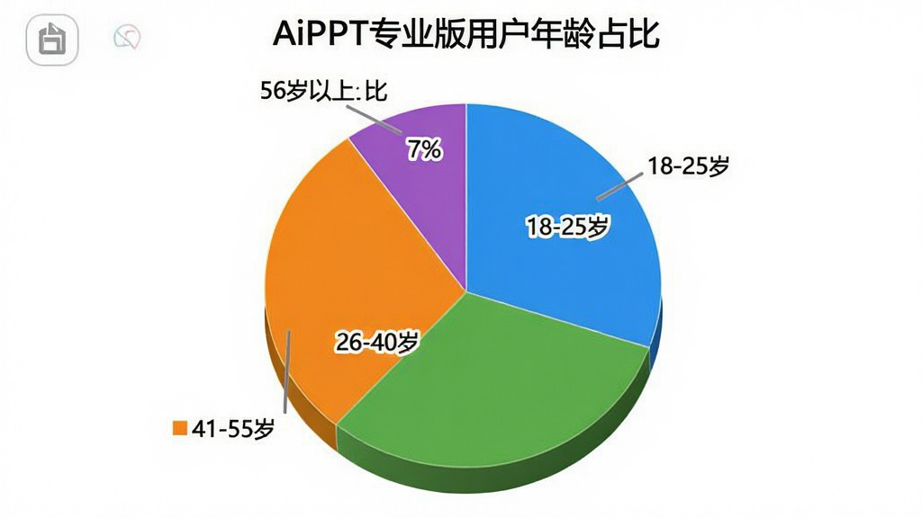 AiPPT专业版用户年龄分布饼状图,图表标题为“AiPPT专业版用户年龄占比”,饼图分为四个扇区,分别标注18-25岁占比35%,26-40岁占比40%,41-55岁占比18%,56岁以上占比7%,配色采用蓝、绿、橙、紫四种鲜明颜色,图表背景干净,数据标签清晰可见,风格简洁专业,画质干净无多余元素