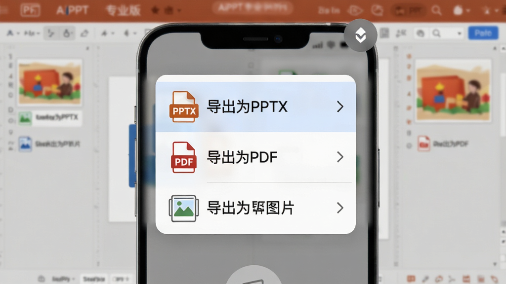 AiPPT专业版多格式导出界面特写,画面中手机屏幕弹出一个导出选项窗口,窗口内列有“导出为PPTX”、“导出为PDF”、“导出为图片”等选项,每个选项旁有对应的文件图标,背景是PPT编辑界面的虚化效果,风格简洁直观,画质干净清晰,无多余元素