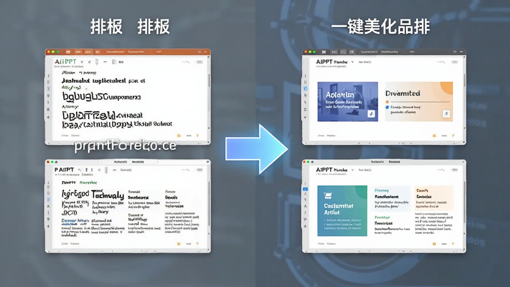 AiPPT专业版一键美化排版功能效果对比图,画面分为左右两部分,左边是排版混乱、字体不一的PPT页面,右边是经过一键美化后排版整齐、配色和谐的PPT页面,中间有一个发光的箭头从左边指向右边,背景干净整洁,风格直观明了,画质清晰无多余元素