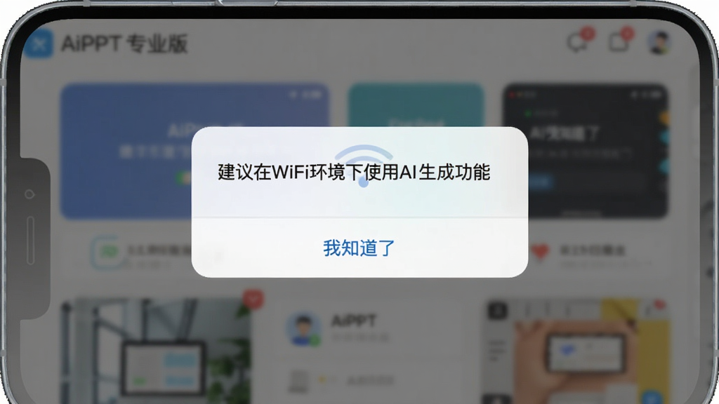 AiPPT专业版新手操作提示界面,画面展示手机屏幕上弹出的一则提示框,提示框内写着“建议在WiFi环境下使用AI生成功能”,下方有“我知道了”按钮,背景是软件主界面的虚化效果,风格简洁友好,画质干净清晰,无多余元素