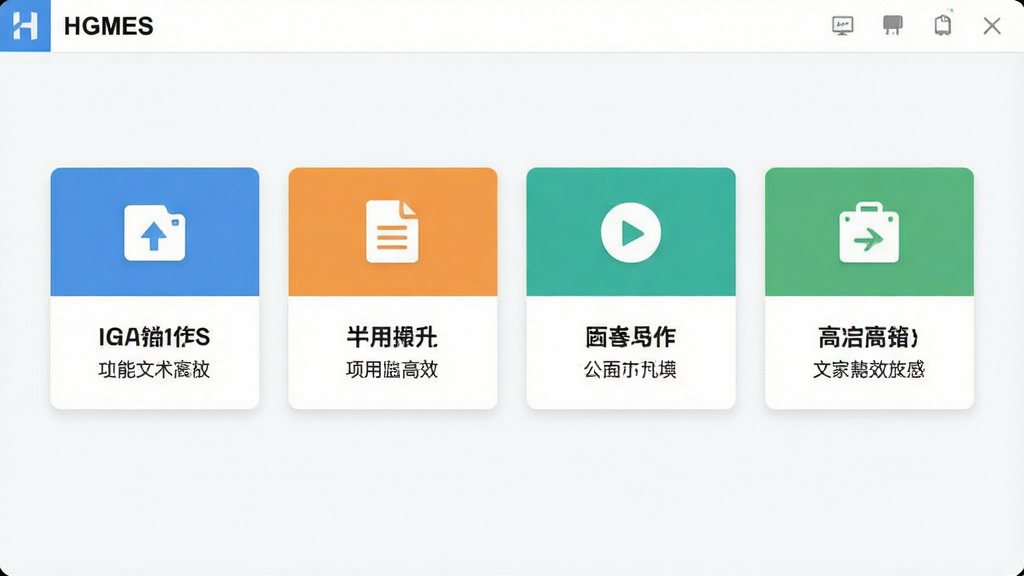 一张HGMES软件功能操作界面的示意图,画面中展示几个常用功能卡片横向排列,每个卡片有图标和简短文字说明,背景干净整洁,风格统一为扁平化设计,配色清爽,画质清晰锐利,突出实用高效的产品气质