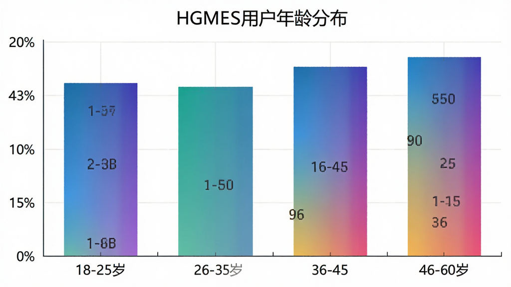 一张柱状图展示HGMES用户年龄分布,横轴为年龄段18-25岁、26-35岁、36-45岁、46-60岁,纵轴为用户占比百分比,柱状颜色为渐变色系,图表标题为“HGMES用户年龄分布”,风格简洁数据可视化,画质清晰干净无多余元素