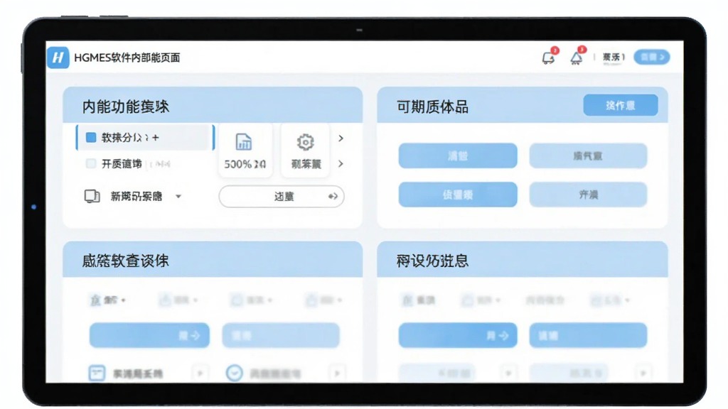 一张展示HGMES软件内部功能页面的图片,画面主体是简洁的功能列表和操作按钮,布局清晰分为几个区块,每个区块有对应的中文标签说明,风格极简现代,配色以白色和浅蓝色为主,画质干净无杂乱元素,体现无广告的清爽体验