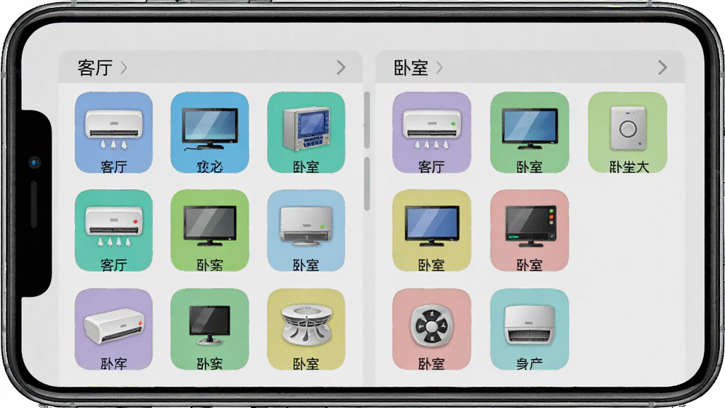 一张展示红外遥控(遥控空调)软件多设备分组管理的界面截图,画面中手机屏幕显示着设备列表,分为客厅和卧室两个分组,每个分组下有空调、电视等设备图标,界面背景为浅灰色,图标色彩鲜明,布局整齐,画质干净,无多余元素。