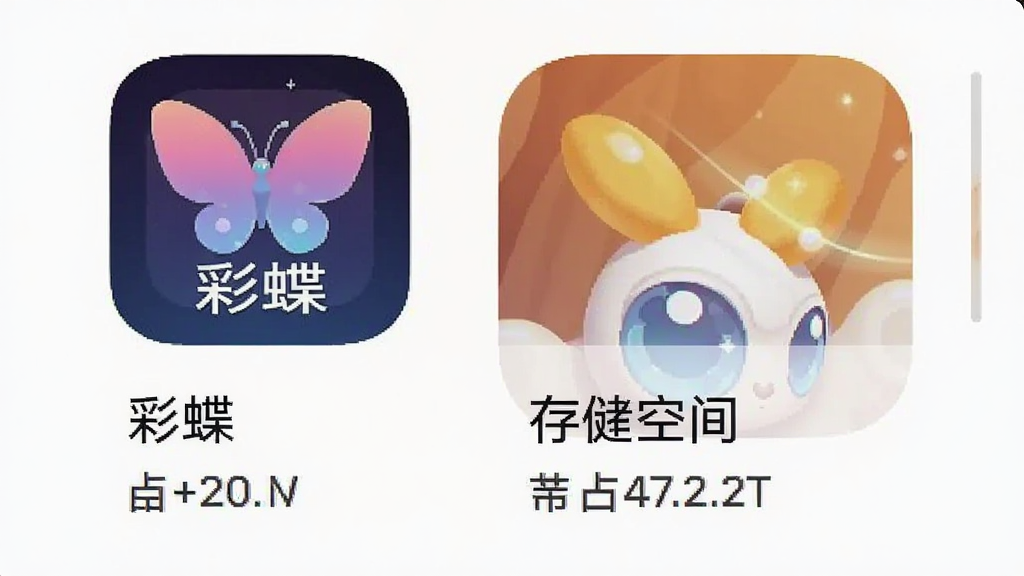 一张手机存储空间管理界面的截图,显示“彩蝶”应用占用空间极小,旁边有其他大型应用作为对比,画面中有“彩蝶”图标和存储占用数字,风格科技感,画质清晰,无多余元素