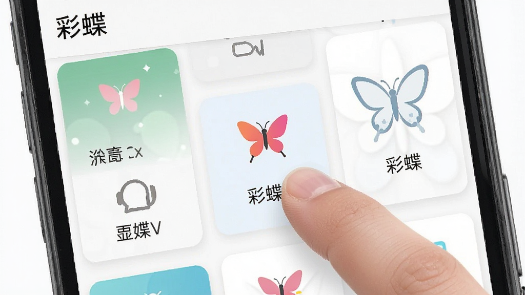 一张手机界面截图,展示“彩蝶”应用的功能列表页,多个功能卡片以网格形式排列,每个卡片有图标和文字说明,布局紧凑清晰,用户手指正准备点击其中一个卡片,风格现代,画质干净,无多余元素