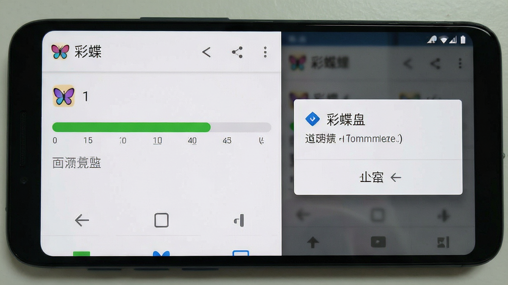 一张手机屏幕显示“彩蝶”应用正在安装的进度条界面,旁边有安卓系统的权限弹窗,界面风格写实,画质清晰,无多余元素