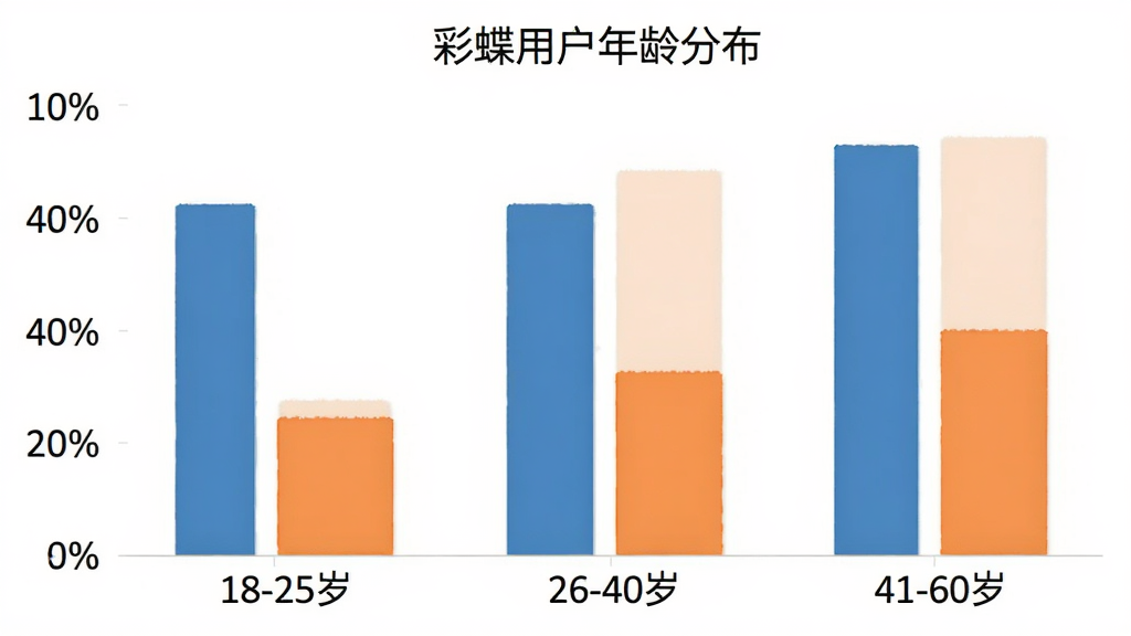 一张柱状图,横轴为年龄段“18-25岁”“26-40岁”“41-60岁”,纵轴为用户占比百分比,柱状颜色为蓝色和橙色,图表标题为“彩蝶用户年龄分布”,背景干净,风格简洁,画质清晰,无多余元素