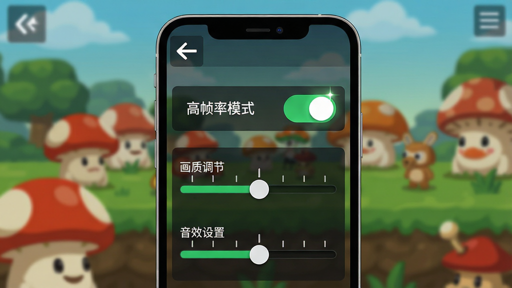 一张展示手机端蘑菇战争2游戏设置界面的示意图,画面中央是竖屏的手机屏幕,屏幕上显示着“高帧率模式”的开关按钮处于开启状态,下方有“画质调节”和“音效设置”的滑动条,屏幕顶部有返回箭头,背景是模糊的蘑菇战场画面,整体布局简洁明了,风格为扁平化设计的游戏UI界面,细节包括开关按钮的高光效果和滑动条的刻度标记,画质干净无多余元素