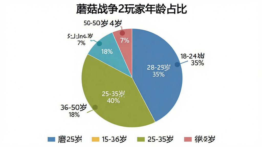 一张展示蘑菇战争2玩家年龄分布的饼状图,图表标题为“蘑菇战争2玩家年龄占比”,饼图分为四个扇区,分别标注“18-24岁 35%”“25-35岁 40%”“36-50岁 18%”“50岁以上 7%”,每个扇区颜色不同且带有百分比标签,背景为白色,图表下方有图例说明,整体风格简洁清晰,画质干净无多余元素