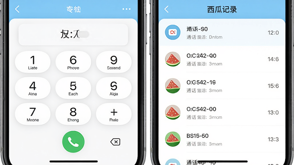 西瓜电话APP的通话记录和拨号盘界面展示,左侧是清晰的拨号键盘,右侧是最近通话列表,界面以白色和浅蓝色为主,按钮圆润,文字标识清晰,风格干净简约,画质清晰无多余元素