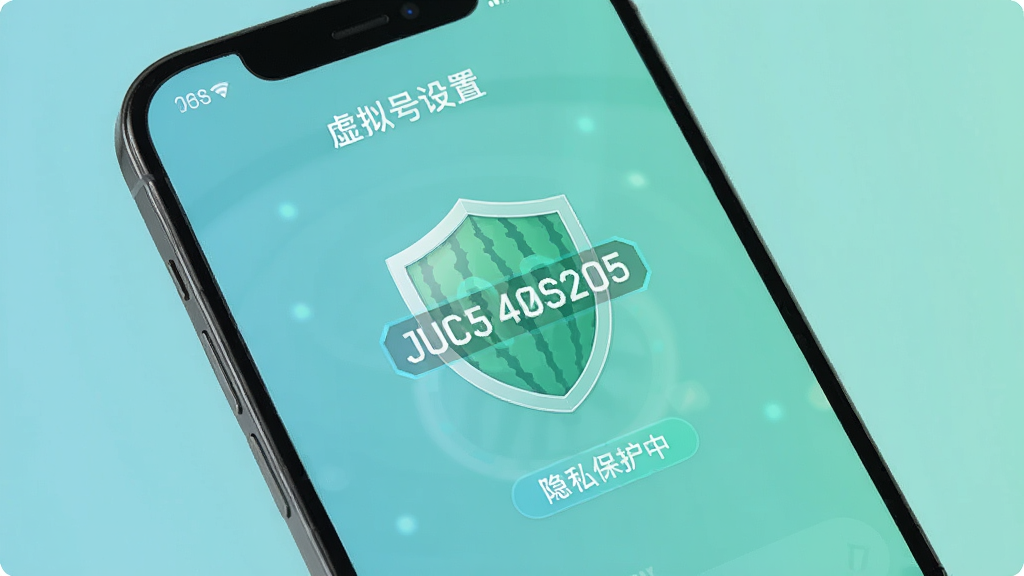 一部手机屏幕显示西瓜电话的虚拟号码设置页面,页面中央有一个盾牌图标护住手机号码,旁边有“隐私保护中”的文字标签,背景是柔和的蓝绿色调,风格科技感十足,细节清晰,画质干净无多余元素
