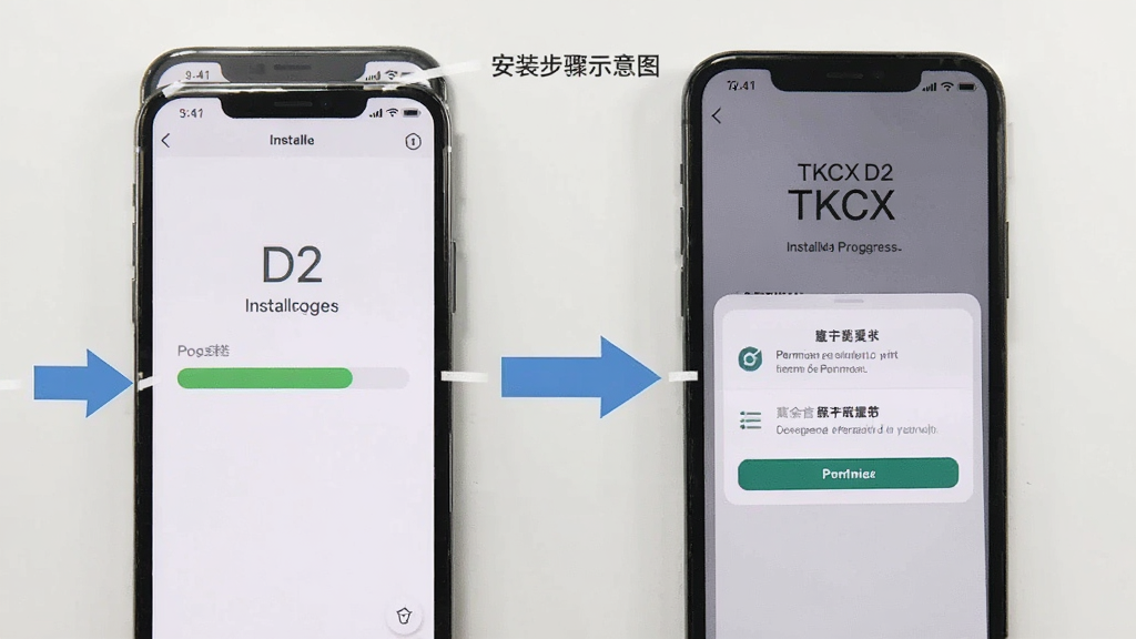 TKCX D2 安装步骤示意图,手机屏幕显示安装进度条和权限设置界面,画面中有箭头引导标注,背景简洁浅色,风格清晰明了,画质干净,无多余元素