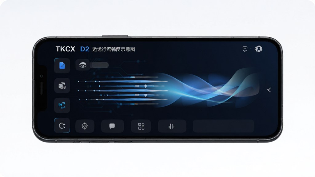 TKCX D2 运行流畅度示意图,手机屏幕显示软件运行界面,画面中有速度线条和流畅的过渡动画效果示意,背景为深色科技感渐变,风格简洁明快,画质清晰锐利,无多余装饰元素