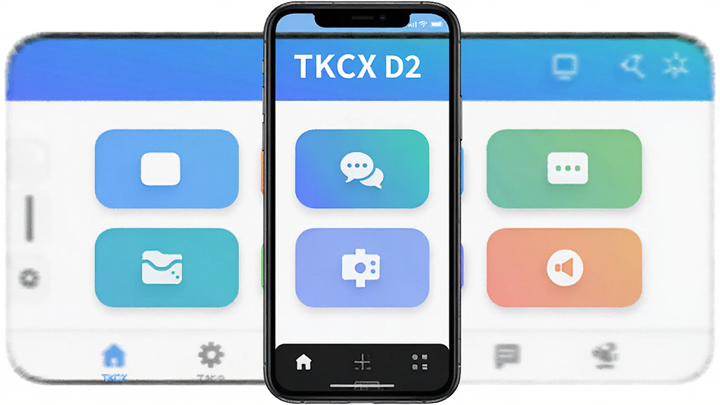TKCX D2 软件主界面全貌,手机屏幕竖版展示,顶部是软件名称 TKCX D2 的蓝色渐变标题栏,中间区域排列着几个圆角矩形的功能入口图标,底部有简洁的导航栏,整体布局干净清爽,风格现代扁平化,细节处理圆润,画质清晰,无多余元素