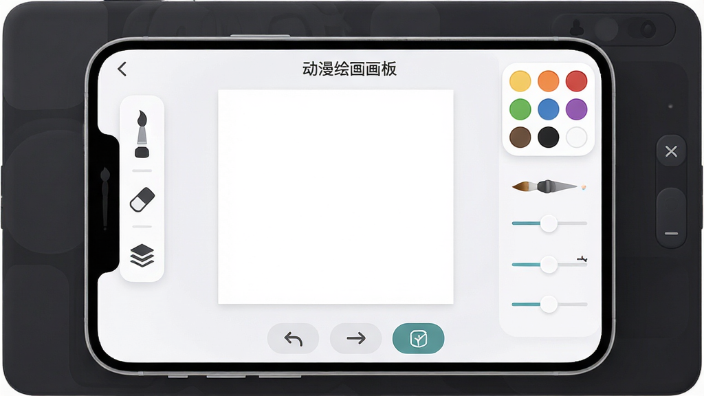 动漫绘图画板软件主界面全貌展示,主体是一个简洁的手机绘画应用界面,布局中心为白色画布,左侧竖排画笔、橡皮、图层工具图标,右侧上方调色盘和笔刷大小调节滑块,底部为撤销、重做、保存按钮,排版清晰,风格现代扁平化,细节圆润干净,画质高清,无多余元素,界面中文字标注“动漫绘图画板”
