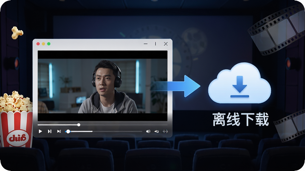 一张展示迅雷网盘离线下载与云播功能的场景图,画面中央是一个播放器界面,正在播放视频,旁边有一个下载箭头指向云朵图标,云朵下方有“离线下载”字样。背景是深色影院风格,有爆米花和电影胶片的元素点缀,风格现代科技感,画质清晰,无多余元素。