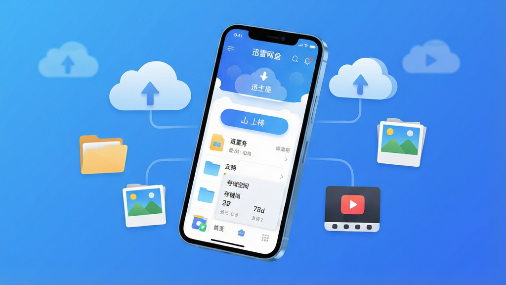 一张展示迅雷网盘核心功能的整体概览图,画面主体是一个悬浮在空中的智能手机,手机屏幕显示迅雷网盘的首页界面,包含文件列表、上传按钮和存储空间展示。手机周围环绕着云朵、文件夹、照片和视频的图标,象征云存储功能。背景是渐变蓝色调,风格现代扁平,细节圆润,画质干净清晰,无多余元素。