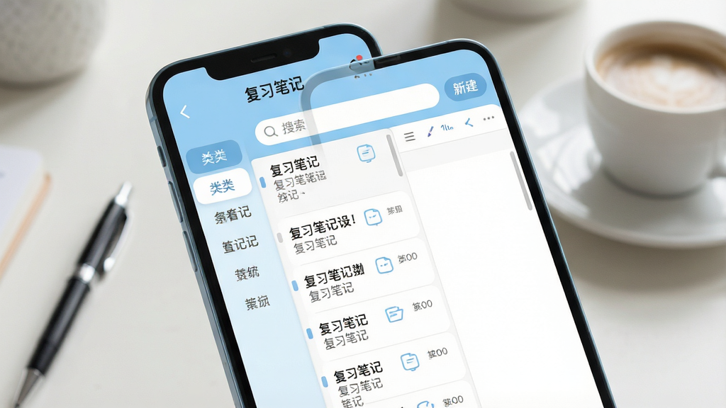 一张展现“复习笔记”软件核心全貌的图片。主体是一个打开的手机屏幕,屏幕中显示“复习笔记”App的主界面,界面布局清晰,左侧是分类标签栏,中间是笔记列表,右侧是笔记编辑预览区,顶部有搜索框和新建按钮。整体色调以舒适的浅蓝色和白色为主,风格现代简洁,细节圆润,画质干净清晰,无多余元素,背景为柔和的书桌环境,有一支笔和一杯咖啡。
