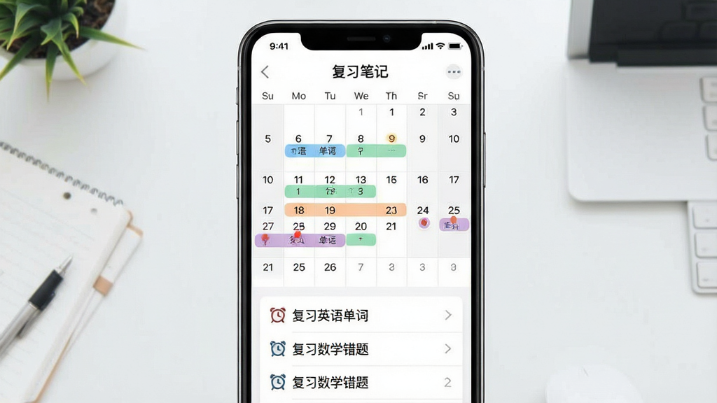 一张展示“复习笔记”App智能复习提醒与计划功能的图片。主体是手机屏幕,屏幕中显示一个日历视图和待办事项列表,日历上标有不同颜色的复习提醒点,下方列表显示“复习英语单词”、“复习数学错题”等任务,旁边有闹钟图标。布局清晰,排版现代,风格简洁明快,色调清新,画质干净,无多余元素。