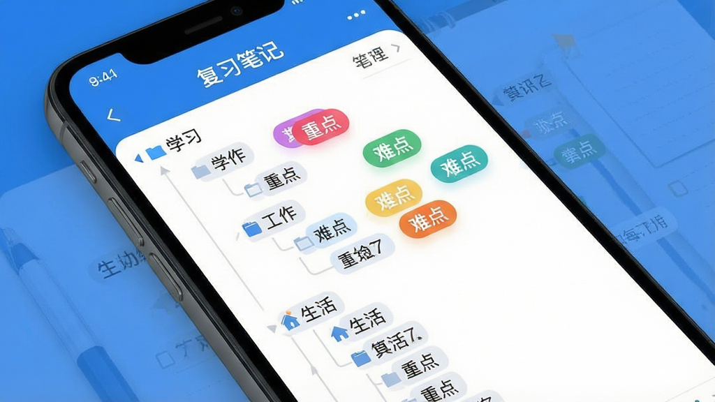 一张展示“复习笔记”App多级分类与标签管理功能的图片。画面主体是手机屏幕,屏幕中显示一个树状结构的笔记本分类列表,如“学习”、“工作”、“生活”三大类,每个大类下展开子分类,旁边有彩色标签如“重点”、“难点”悬浮显示。布局清晰,排版整齐,风格现代扁平化,色调以蓝白为主,细节精致,画质干净,无多余元素。