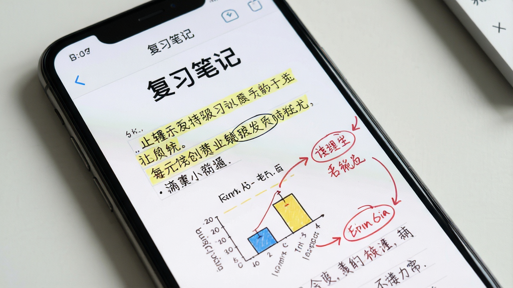 一张展示“复习笔记”App富文本编辑与手写批注功能的图片。主体是手机屏幕特写,屏幕中显示一篇图文并茂的笔记,里面有加粗的标题、高亮的重点句子、插入的图表,以及用红色手写笔迹圈出的批注和箭头。布局排版清晰,风格真实自然,细节丰富,画质干净,背景为简洁的桌面,无多余元素。
