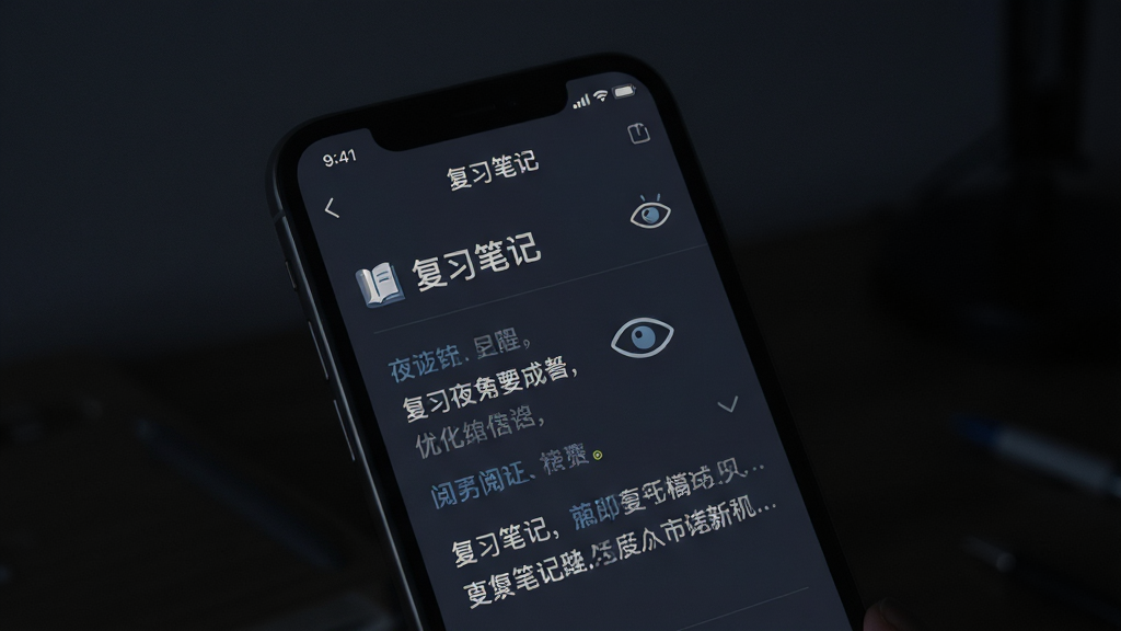 一张展示“复习笔记”App夜间模式与阅读优化功能的图片。主体是手机屏幕,屏幕中显示深色背景的“复习笔记”界面,文字为浅色,排版疏朗,有护眼图标。布局简洁,风格沉稳舒适,色调以深灰和暗蓝为主,细节柔和,画质干净,背景为暗色环境,无多余元素。