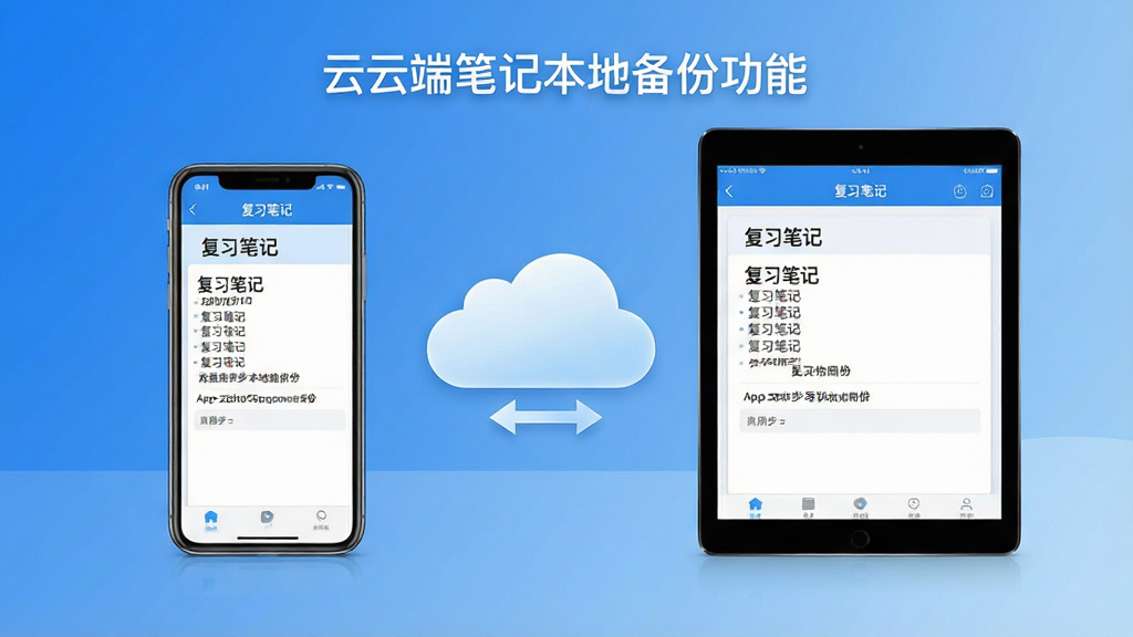 一张展示“复习笔记”App云端同步与本地备份功能的图片。主体是手机和平板电脑并排显示,两个设备屏幕上都显示着相同的“复习笔记”内容,中间用一朵云和双向箭头连接,象征同步。布局对称,风格科技感与简洁感并存,色调以蓝白为主,细节清晰,画质干净,背景为简洁的渐变,无多余元素。