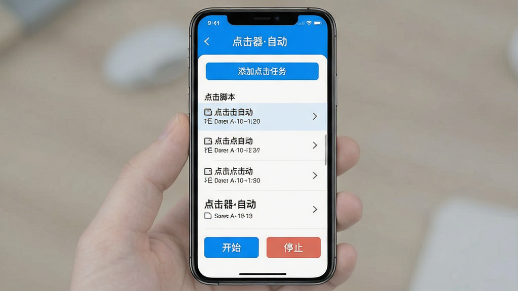 一张手机屏幕截图风格的画面,画面中央是“点击器自动”应用的主界面,界面布局简洁,上方有添加点击任务的按钮,中间区域显示已保存的点击脚本列表,底部有开始和停止的控制按钮,整体配色以蓝白为主,风格清新现代,画质干净清晰,无多余元素