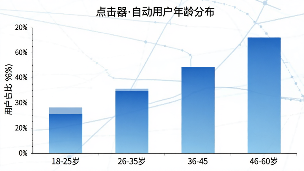一张柱状图,横轴标注年龄段18-25岁、26-35岁、36-45岁、46-60岁,纵轴标注用户占比百分比,柱状图颜色以蓝色渐变为主,图表标题为“点击器自动用户年龄分布”,整体风格简洁商务,画质清晰,无多余元素