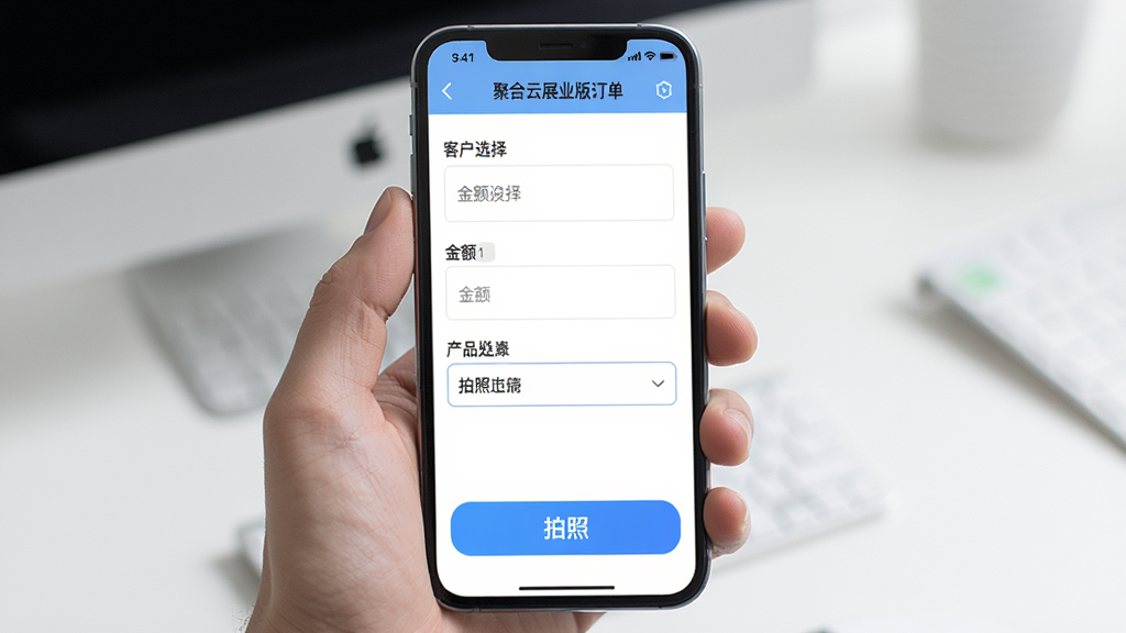 一张展示聚合云展业版订单录入界面的图片,手机屏幕显示表单填写页面,包含客户选择、金额输入框、产品下拉菜单和拍照上传按钮,界面清爽,按钮大而醒目,风格简洁实用,画质清晰