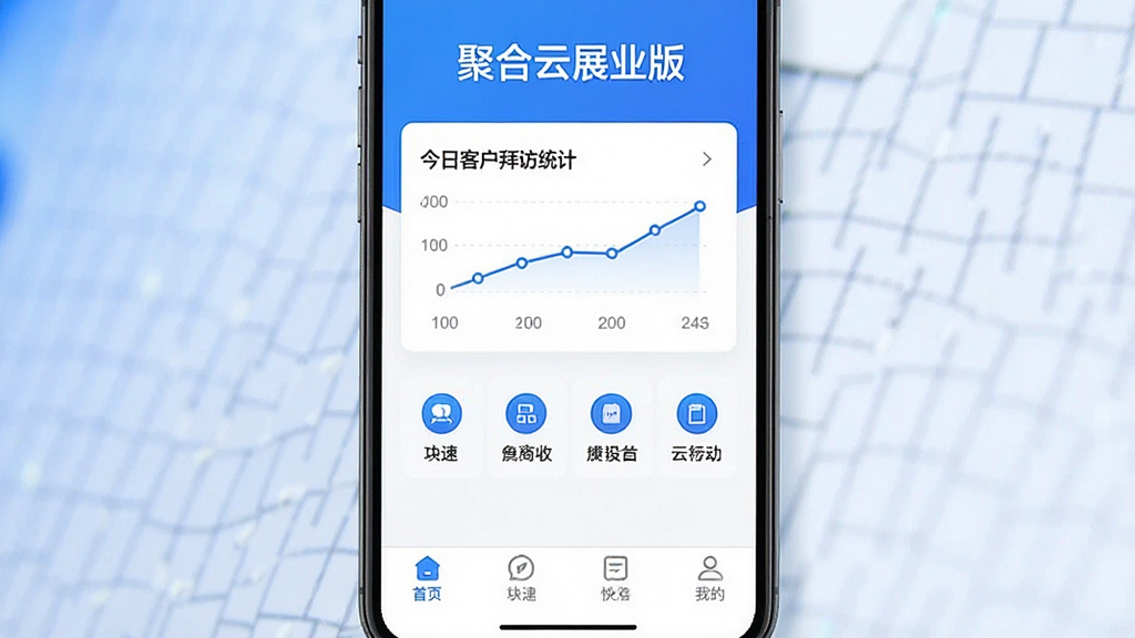 一张手机屏幕展示聚合云展业版应用主界面的图片,界面顶部显示“聚合云展业版”字样,中间是今日客户拜访统计卡片和快捷功能图标,底部为导航栏,整体采用蓝白配色,风格现代简洁,画质清晰干净无多余元素