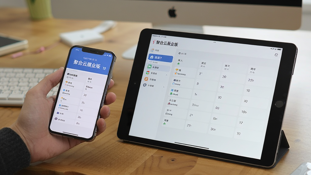 一张展示聚合云展业版在手机和平板上同步使用的场景图,画面中一只手拿着手机,旁边平板电脑上显示相同客户数据界面,背景为办公桌面,风格真实生活化,画质清晰