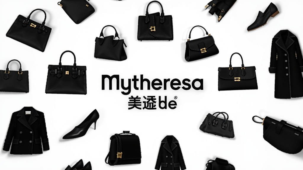 一个展示Mytheresa美遴世品牌合作墙的插画,画面中央是Mytheresa美遴世的Logo,周围环绕着多个知名奢侈品牌的标志性单品剪影,如手袋、鞋履、大衣,布局呈放射状,风格为干净明亮的扁平化矢量插画,细节上单品剪影线条流畅,背景为纯白色。画质干净,无多余元素。