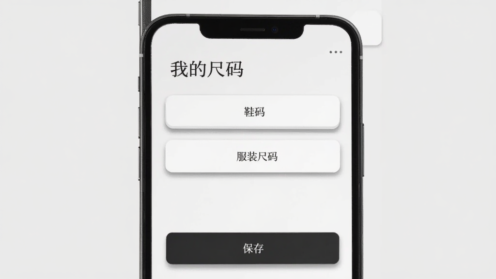 一部手机屏幕显示Mytheresa美遴世的尺码设置页面,画面主体是手机界面,布局上顶部是“我的尺码”标题,中间是鞋码和服装尺码的选项按钮,底部有保存按钮,风格为简洁的移动端设置界面,细节上按钮有轻微的阴影效果,背景是浅灰色。画质清晰,无多余元素。