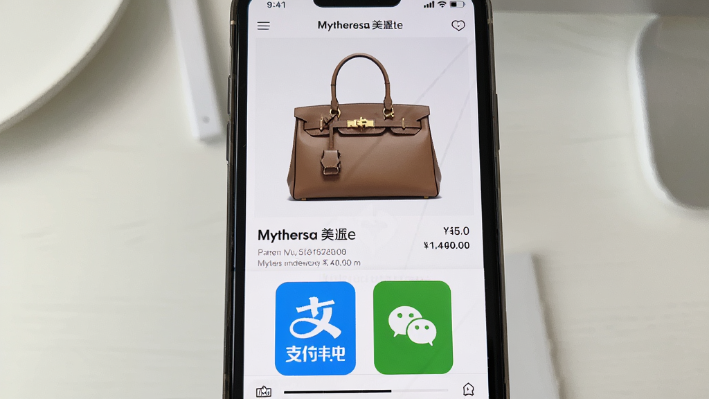 一张Mytheresa美遴世应用内商品详情页的截图再创作,画面主体是手机屏幕,屏幕上显示着一款奢侈品手袋的详情页,页面中下部有显眼的支付宝和微信支付图标,布局为上下结构,风格为真实的移动端UI界面截图风格,细节上商品图片清晰,价格标签醒目,背景是干净的桌面环境。画质清晰,无多余元素。