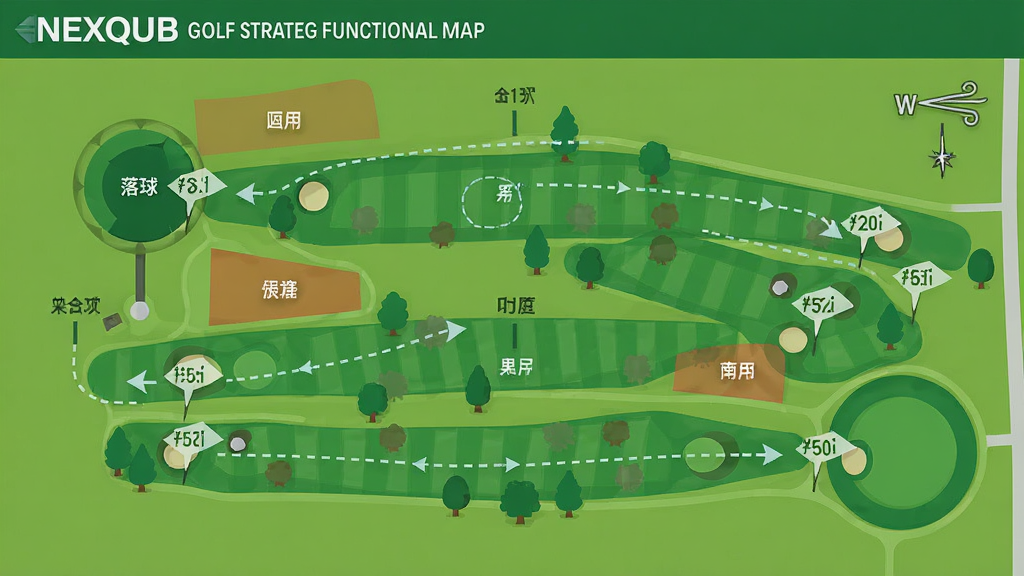 一张展示NEXQUB Golf球场策略功能的俯瞰地图插画,画面是一个高尔夫球场的球道俯视图,球道上标注了落球区、障碍区和果岭,有虚线箭头指示推荐的击球路线,旁边有风向标和距离数字标注,界面风格为简洁的导航地图设计,绿色为主色调,画质干净无多余元素