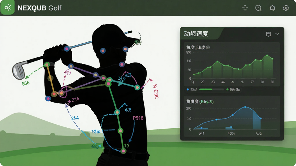 一张展示NEXQUB Golf挥杆分析功能的界面截图风格插画,画面主体是一个高尔夫球员挥杆的剪影,剪影上叠加了彩色的骨骼关键点连线与角度标注,旁边悬浮着数据面板,面板上显示着挥杆速度、角度等图表,画面风格为科技感UI设计,绿色与深灰色调,画质干净无多余元素