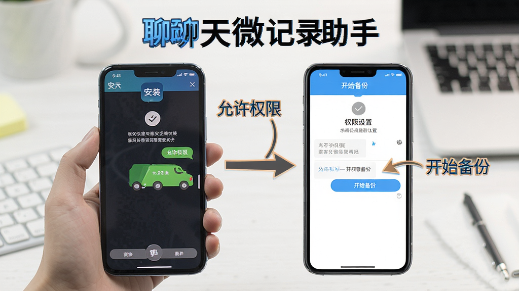 一张展示聊天微记录助手新手操作步骤的图片,画面中手机屏幕显示软件安装和权限设置界面,有箭头指示操作顺序,旁边有文字标注“允许权限”“开始备份”等步骤,风格简洁明了,画质清晰,突出“聊天微记录助手”的文字标识。