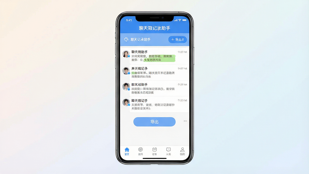 一张展示聊天微记录助手软件主界面的图片,画面中央是手机屏幕,屏幕内显示聊天微记录助手app的简洁界面,顶部有软件名称“聊天微记录助手”的文字标识,中间是聊天记录列表和导出按钮,底部是导航栏,整体布局清晰,风格现代简约,蓝白配色,画质干净无多余元素,背景是柔和的浅色渐变,突出软件功能全貌。