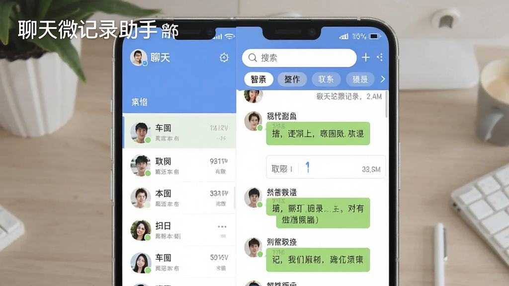 一张展示聊天微记录助手智能整理功能的图片,画面中手机屏幕显示聊天记录分类归档界面,左侧是联系人列表,右侧是聊天记录详情,顶部有搜索框和标签按钮,布局清晰,风格扁平化,画质干净,突出“聊天微记录助手”的文字标识。