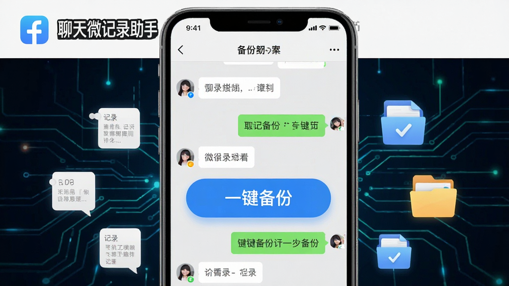 一张展示聊天微记录助手一键备份功能的图片,画面主体是手机屏幕,屏幕上显示聊天微记录助手的备份界面,中间有醒目的“一键备份”按钮,周围环绕着聊天记录图标和文件图标,背景是科技感线条,风格简洁明快,画质清晰,突出“聊天微记录助手”的文字标识。