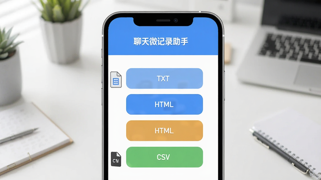 一张展示聊天微记录助手多格式导出功能的图片,画面中手机屏幕显示导出格式选择界面,有TXT、HTML、CSV三个选项按钮,旁边有对应的文件图标,背景是简洁的办公桌面风格,画质干净,突出“聊天微记录助手”的文字标识和导出功能。