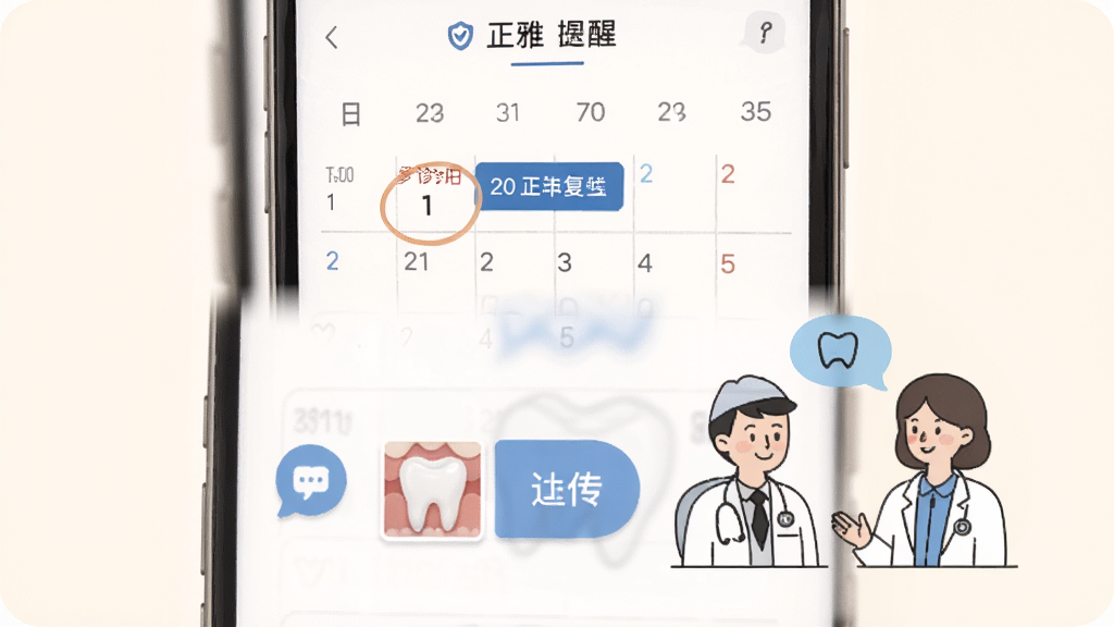正雅医生应用的复诊提醒与沟通界面,手机屏幕显示日历上标记了复诊日期,下方有对话框图标和牙齿照片上传按钮,旁边有医生和患者沟通的简笔插画,背景是温暖的米白色,风格亲切友好,画面整洁,画质高清
