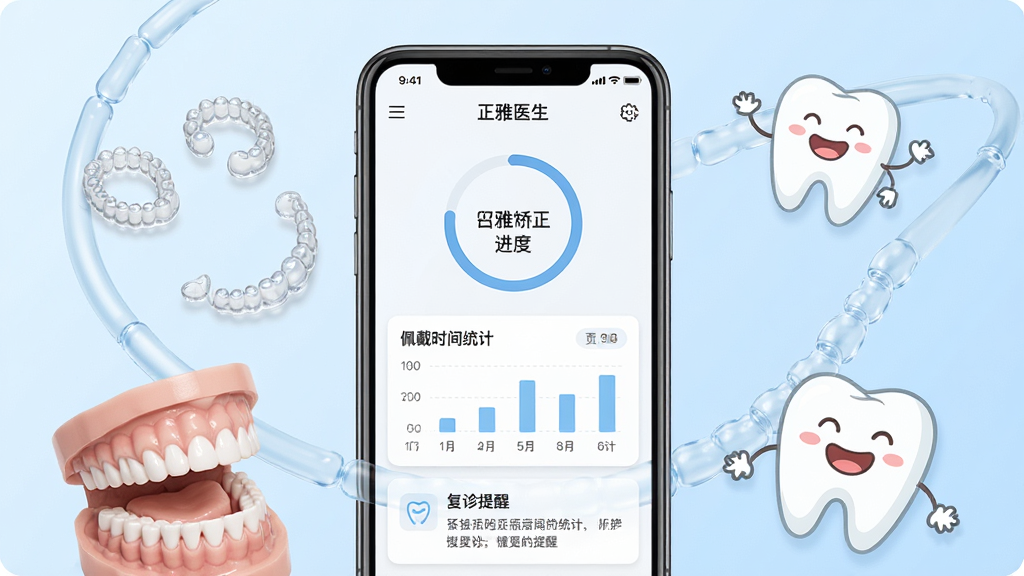一张展示正雅医生应用核心界面的图片,画面中央是手机屏幕,屏幕内显示正雅医生应用的主页,包含牙齿矫正进度环、佩戴时间统计图表和复诊提醒卡片,手机周围环绕着隐形牙套、牙齿模型和微笑的卡通牙齿图标,背景是柔和的浅蓝色渐变,风格清新现代,排版干净整洁,细节清晰,画质高清,无多余元素