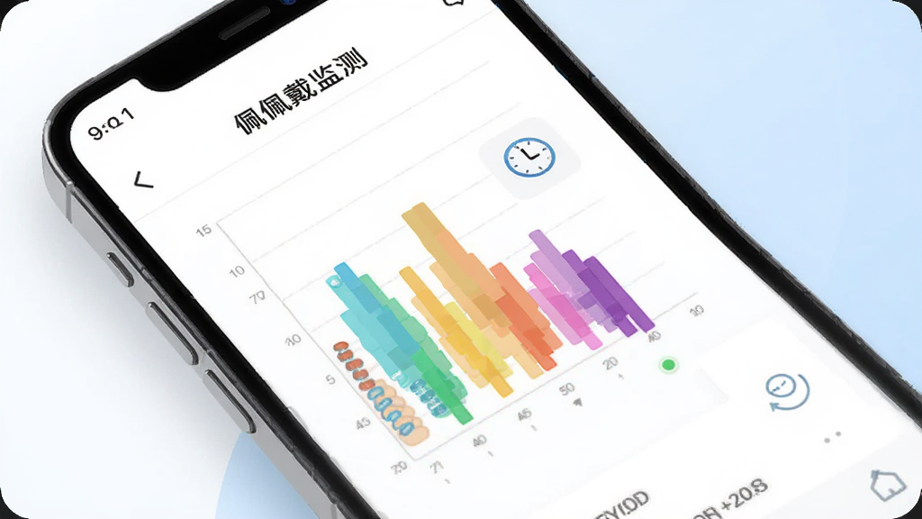 正雅医生应用内的佩戴监测界面,手机屏幕显示彩色柱状图记录一周佩戴时长,旁边有隐形牙套和时钟图标,背景是简洁的白色和淡蓝色,风格现代扁平,画面干净,文字标注清晰,画质细腻
