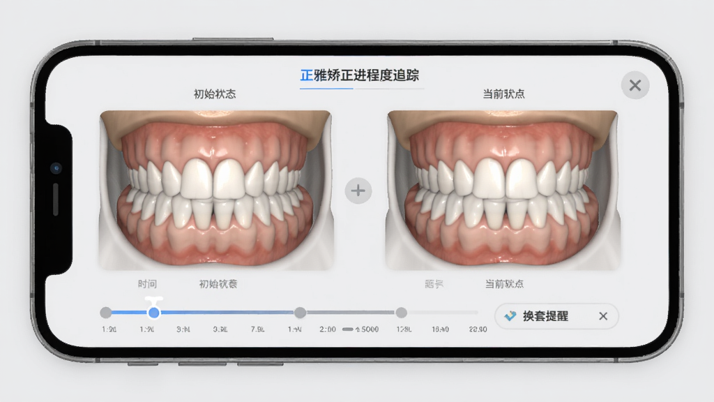 正雅医生应用中的矫正进度追踪页面,手机屏幕显示牙齿移动的3D模拟动画对比图,左侧是初始状态,右侧是当前状态,下方有时间轴和换套提醒,背景是干净的浅灰色,风格专业且易读,细节圆润,画质清晰