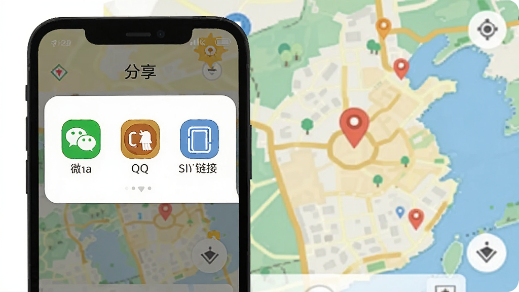手机号定位追踪寻人分享功能示意图,画面展示手机屏幕上弹出分享面板,包含微信、QQ、复制链接等图标,背景是定位地图界面,风格扁平化设计,色彩鲜明,画质干净无多余元素