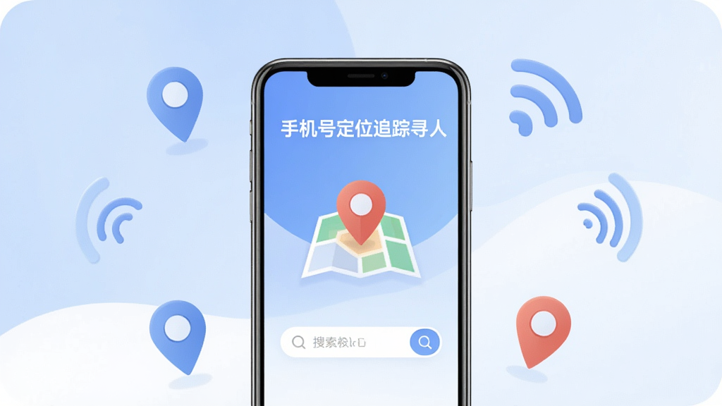 手机应用市场推荐风格配图,画面中央是一部智能手机,屏幕上显示着「手机号定位追踪寻人」软件的主界面,界面中有地图定位图标和搜索框,背景是柔和的蓝白渐变,周围漂浮着定位图钉和信号波纹元素,风格现代扁平化,细节圆润,画质干净清晰,无多余元素