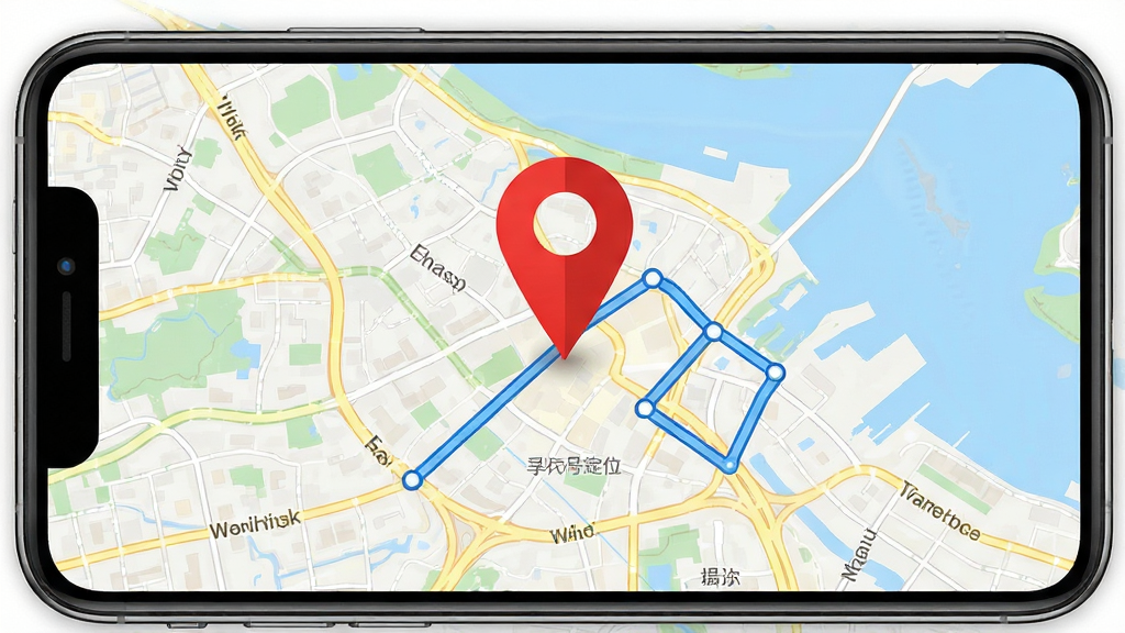 手机号定位追踪寻人地图追踪界面图,画面展示一张城市地图,地图上有醒目的红色定位图钉和蓝色路线轨迹,手机界面边框清晰,风格写实简洁,画质干净无多余元素